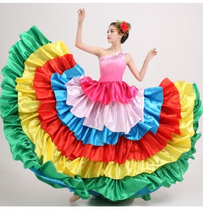 Rainbow colored one shoulder fuchsia gradient big ruffles skirted flamenco competition performance Women's girls  Spanish folk dance dresses outfits for ladies